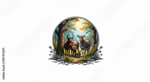 A whimsical depiction of a deer-like creature and a zebra family in a sunlit forest clearing