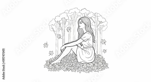 A woman sits in a pile of autumn leaves, surrounded by trees