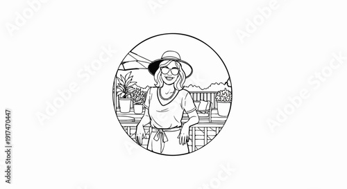 A woman wearing a hat and glasses stands on a patio with potted plants