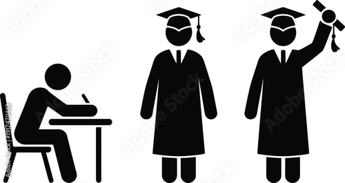 Education and graduation process icons showing student studying and receiving a diploma Vector