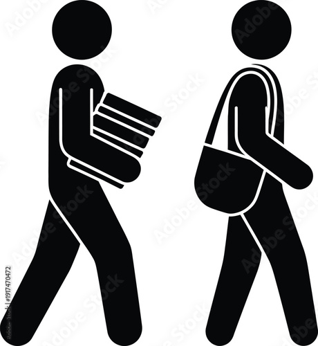 Two students walking together carrying a stack of books and a shoulder bag icon Vector