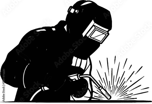 A worker in protective gear uses a welding torch, creating a bright burst of sparks