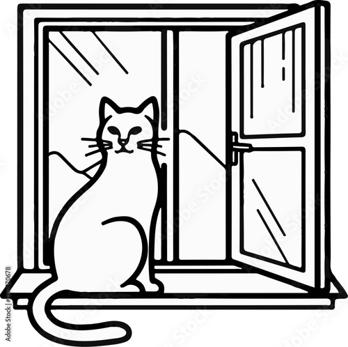 A white cat sits on a windowsill looking out an open window at hills