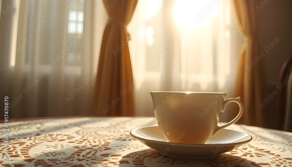 Fototapeta premium Tea in a porcelain cup with lace tablecloth, sunlight filtering through curtains, retro lo-fi mood 2