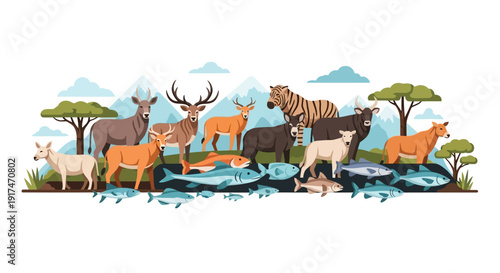 Vector illustration of various wild forest animals gathered around a watering hole on World Wildlife Day, featuring a lion, elephant, whale, and deer in a natural setting.