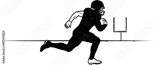 A stylized black and white drawing of a football player running with ball