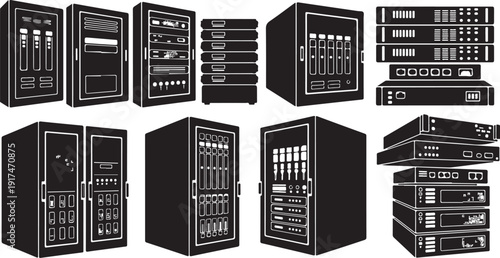 Collection of various server racks and data storage systems