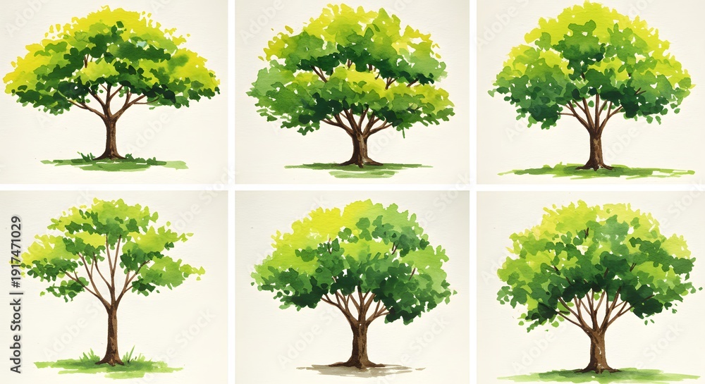 Fototapeta premium Six watercolor-style illustrations of leafy trees showcasing various green hues and compositions