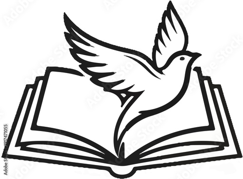 A white dove ascends from an open book, wings spread wide