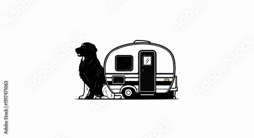 A stylized black and white drawing of a large dog sitting beside a camper trailer
