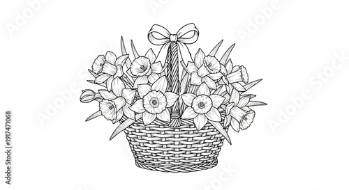 A woven basket brimming with daffodils and adorned with a bow