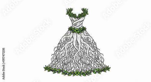 Artistic illustration of a flowing gown made of roots and adorned with green leaves