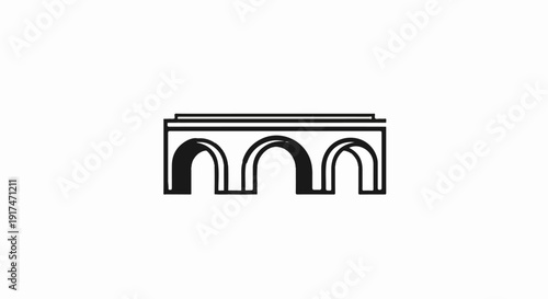 A stylized black and white drawing of a three-arched bridge