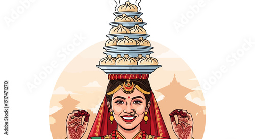 Traditional Nepali Newari Wedding Bride Serving Steaming Momo Dumplings, Cultural Heritage and Cuisine of Nepal, Beautiful Asian Woman in Red Attire with Henna Hands