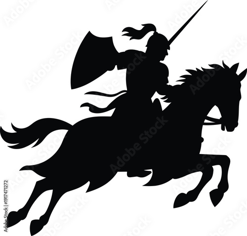 A black silhouette of a knight on a horse with a sword and shield Vector