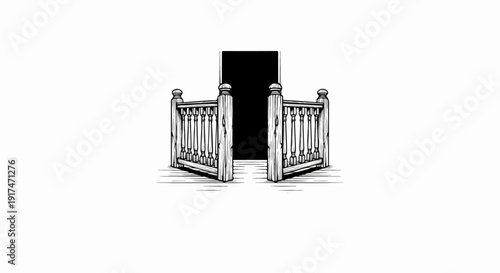 An open doorway framed by ornate balustrades with dark, mysterious interior