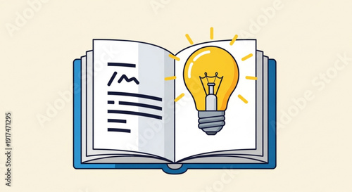 Open book with glowing lightbulb idea on a plain background representing inspiration and knowledge