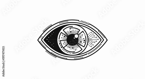 A stylized mechanical eye, blending organic iris detail with circuit board elements