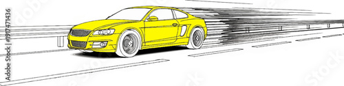 A yellow sports car speeds down a highway, leaving a blurred trail behind