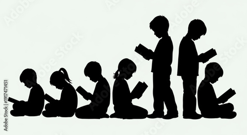 Silhouettes of children reading books in a line from sitting to standing symbolizing growth and learning