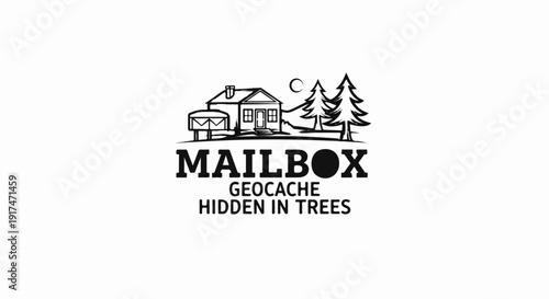 A stylized black and white graphic depicting a house, mailbox, and trees