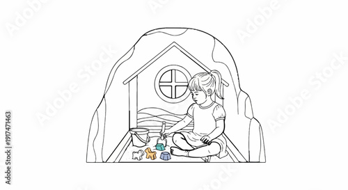 A young girl plays with toy animals and sand toys inside a small playhouse