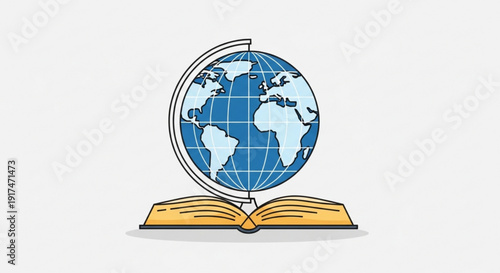 Globe on open book symbolizing global education and learning with a blue and white world map on a yellow textbook representing international knowledge and cultural exchange