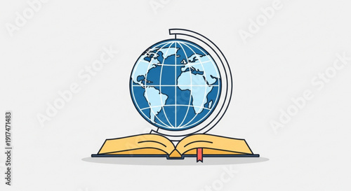 Globe on open book symbolizing global education and learning with a blue and white color scheme