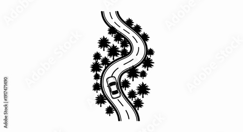A stylized black and white graphic of a car driving on a winding road through a forest