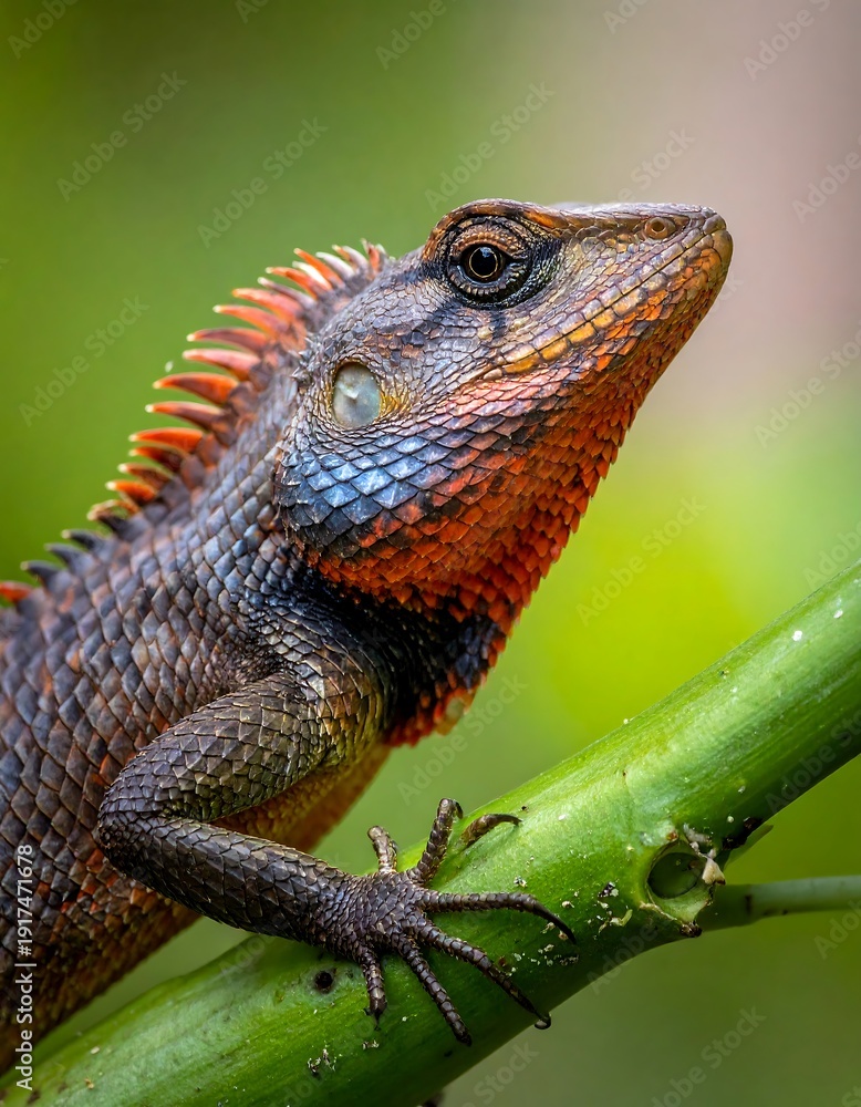 Obraz premium A vibrant lizard with orange and blue details perched on a green stem, with a blurred green background