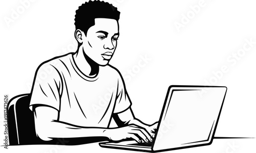 A young person sits at a table using a laptop computer
