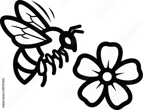 A stylized black and white illustration of a bee flying towards a flower