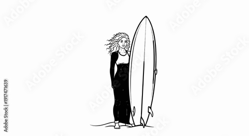 A young woman with curly hair in a wetsuit stands with a surfboard