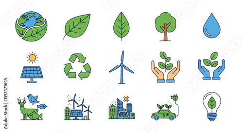 Eco friendly icons set including green energy recycling and nature conservation symbols representing sustainable living and environmental protection concepts