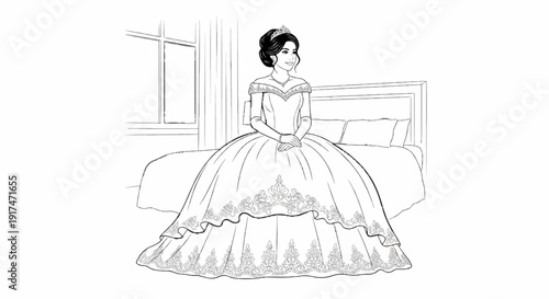 A young woman in a princess dress with a tiara sits on a bed