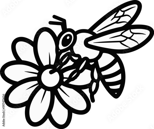 A stylized black and white illustration of a bee gathering nectar from a flower
