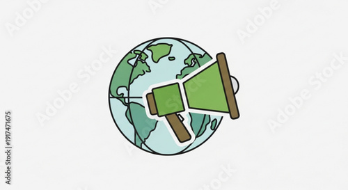 Green megaphone amplifying earth globe for eco awareness and communication