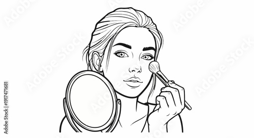A young woman with dark hair applies makeup to her face with a brush