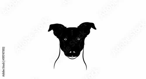 A stylized black and white illustration of a dog's face with pointed ears