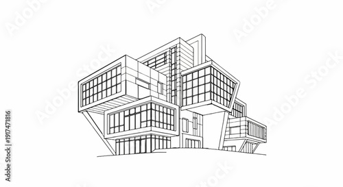 Abstract architectural sketch of a multi-level modern building with glass windows