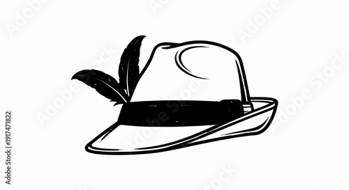 A stylized, black and white illustration of a fedora-style hat adorned with feathers