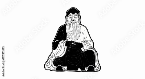Ancient man with long beard in traditional robes, sitting cross-legged