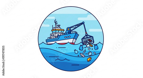 Ship collecting ocean pollution with crane recycling waste in the sea environmental conservation concept