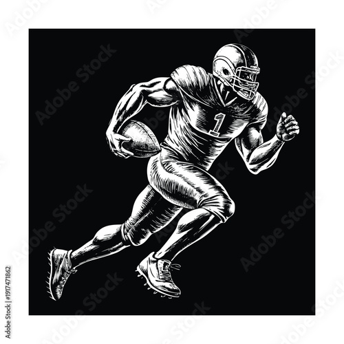American football player running dynamic action vintage sketch style vector illustration.