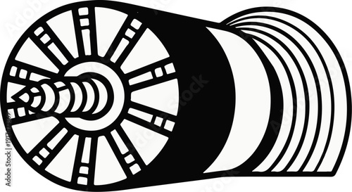 Abstract illustration of a coiled screw with radial lines and layered segments