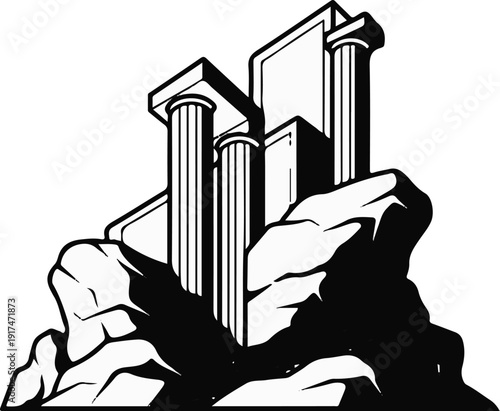 Ancient pillars rise from rocky terrain