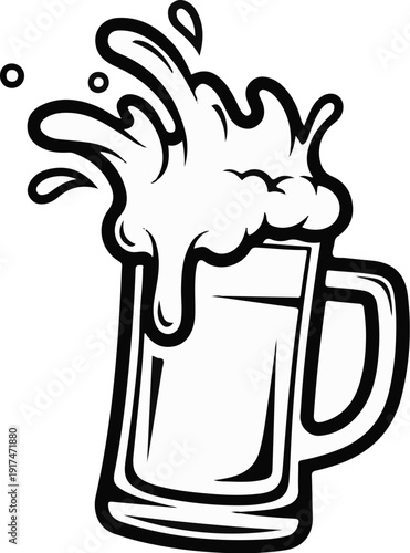 A stylized black and white illustration of a frothy beer mug with splashes
