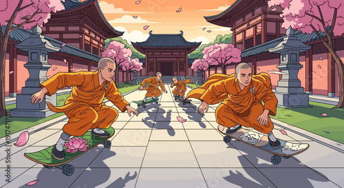 Buddhist monks skateboarding in traditional orange robes on a temple pathway with cherry blossoms, a serene yet dynamic scene of spirituality and modern fun
