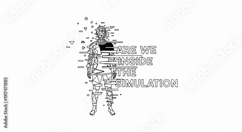 Abstract human form disintegrating into digital fragments with text
