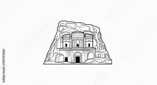 Ancient rock-cut tomb with classical facade, carved into cliff face